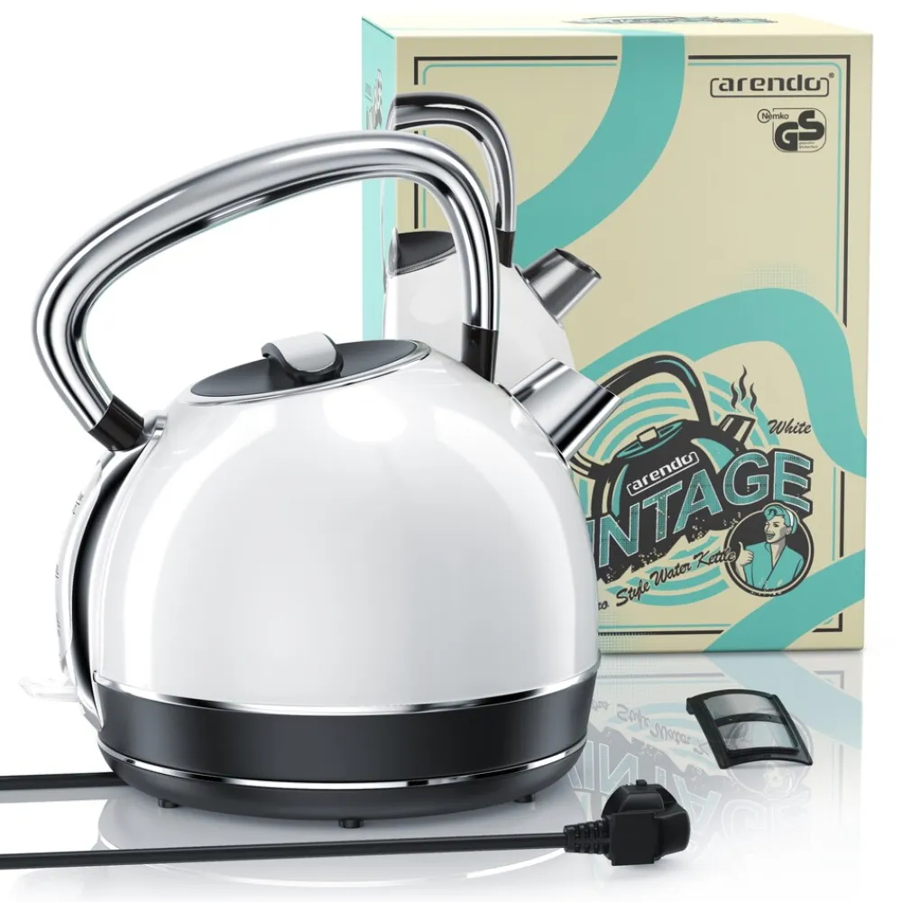 Arendo Wasserkocher 1,7 l, 2200 W, Edelstahl, Retro Style, Vintage, Überhitzungs & Trockenkochschutz, weiß Outlet