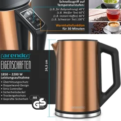 Arendo - Wasserkocher mit Toaster und Eierkocher SET Edelstahl Kupfer Wasserkocher 1,5L 40° - 100°C, Toaster 2 Scheiben LED-Display 6 Bräunungsgrade Sale