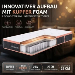 Kupfermatratze mit Federkern & Kupferschaum + integrierter Topper | 140x200 cm Höhe 25cm | Härtegrad H3/ H4 | Taschenfederkern Matratze | Rollmatratze | ergonomisch ^ Arensberger Online