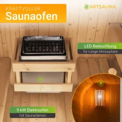 ® Fasssauna Cube Big Fjora L für 6 Personen, mit 9kW Ofen, Glasfront & Zubehör ^ Artsauna Discount