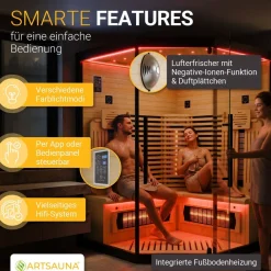 ® Infrarotkabine Malmö140 - Hemlock Holz, Vollspektrumstrahler mit Dimmer, LED-Farblichttherapie, 3 Personen, 140x140x190 cm, 2530 W ^ Artsauna