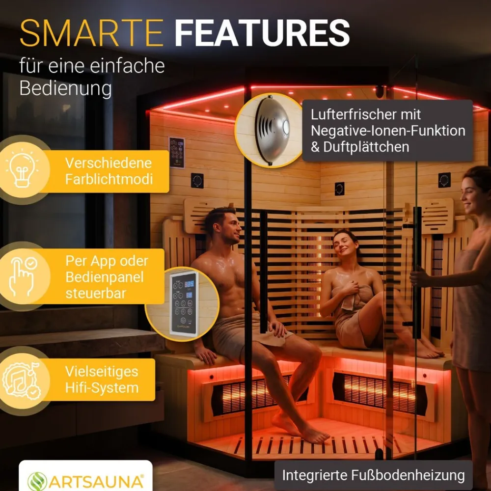 ® Infrarotkabine Malmö140 - Hemlock Holz, Vollspektrumstrahler mit Dimmer, LED-Farblichttherapie, 3 Personen, 140x140x190 cm, 2530 W ^ Artsauna