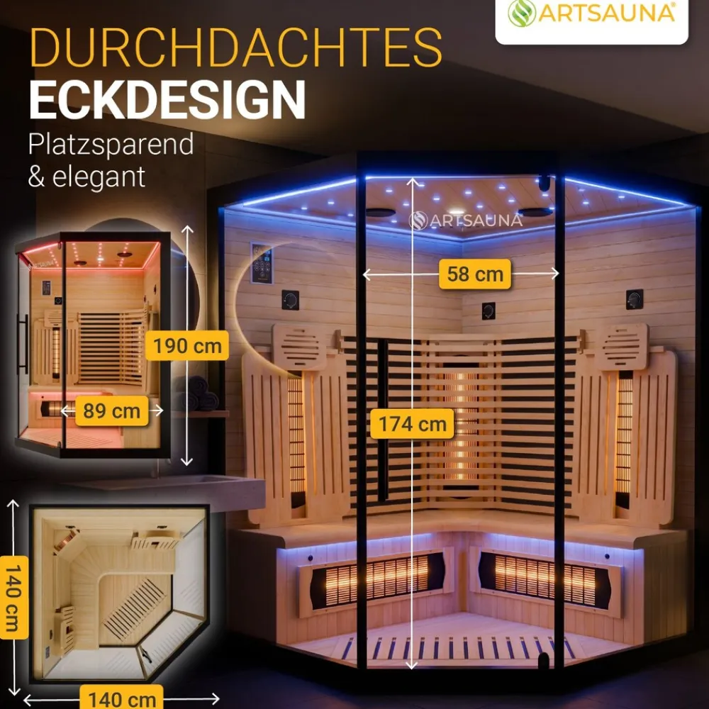 ® Infrarotkabine Malmö140 - Hemlock Holz, Vollspektrumstrahler mit Dimmer, LED-Farblichttherapie, 3 Personen, 140x140x190 cm, 2530 W ^ Artsauna
