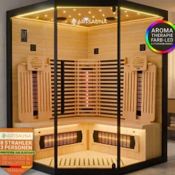 ® Infrarotkabine Malmö140 - Hemlock Holz, Vollspektrumstrahler mit Dimmer, LED-Farblichttherapie, 3 Personen, 140x140x190 cm, 2530 W ^ Artsauna