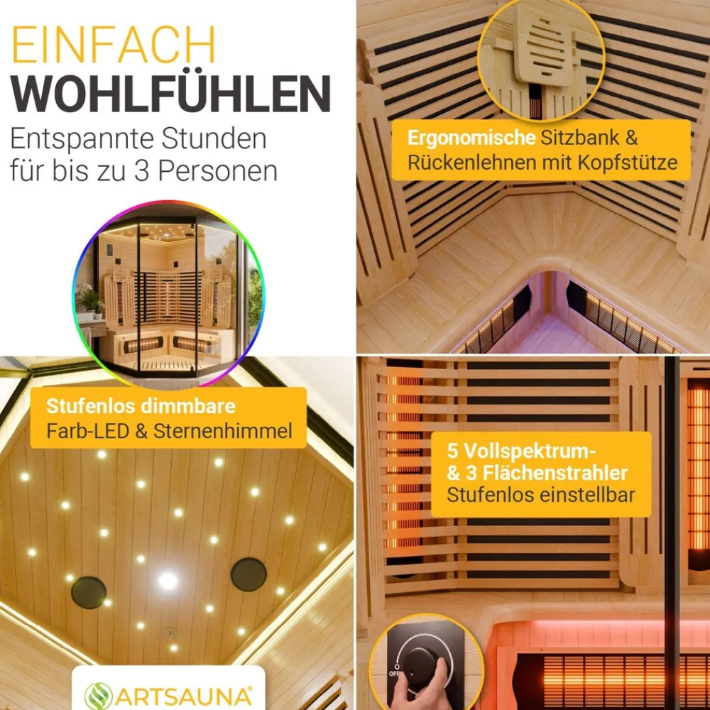 ® Infrarotkabine Malmö140 - Hemlock Holz, Vollspektrumstrahler mit Dimmer, LED-Farblichttherapie, 3 Personen, 140x140x190 cm, 2530 W ^ Artsauna