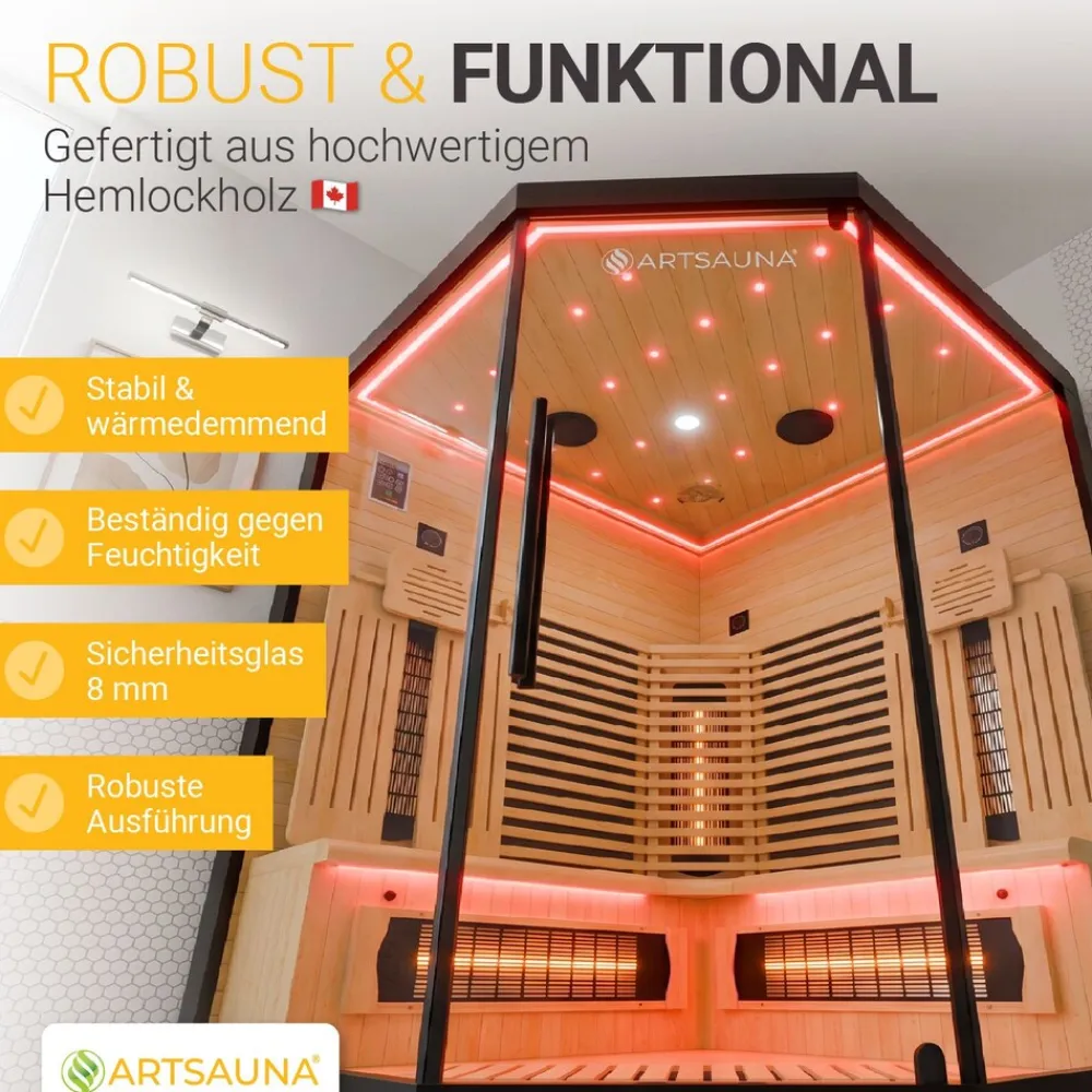 ® Infrarotkabine Malmö140 - Hemlock Holz, Vollspektrumstrahler mit Dimmer, LED-Farblichttherapie, 3 Personen, 140x140x190 cm, 2530 W ^ Artsauna