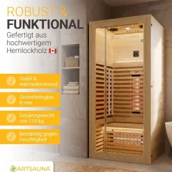 Artsauna ® Infrarotkabine Trondheim90 - Vollspektrumstrahler mit LED-Beleuchtung, Bluetooth Audio, App-Steuerung, 1705 W Leistung Natur Hot
