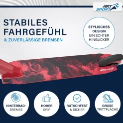 ArtSport Stunt Scooter Red Smoke - Trick Roller für Kinder & Jugendliche - Tretroller Rot Schwarz weiß-grün New