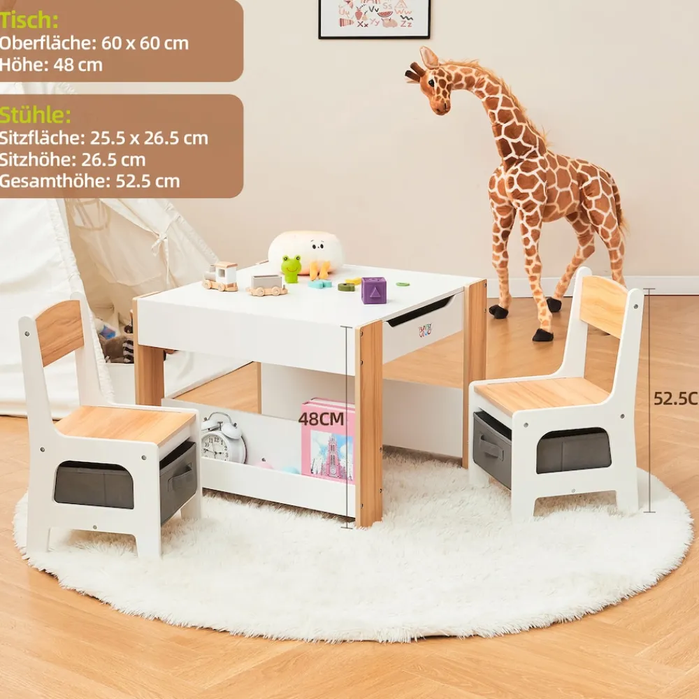 Baby Vivo Kindersitzgruppe mit multifunktionalem Tisch und 2 Stühlen aus Holz - Mia Online