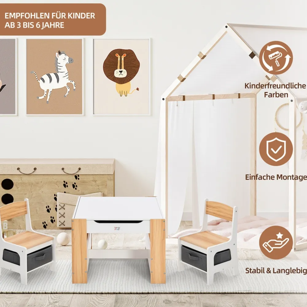 Baby Vivo Kindersitzgruppe mit multifunktionalem Tisch und 2 Stühlen aus Holz - Mia Online