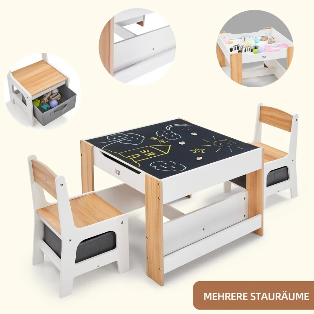 Baby Vivo Kindersitzgruppe mit multifunktionalem Tisch und 2 Stühlen aus Holz - Mia Online