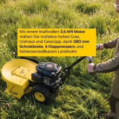 Hochgrasschneider Kreiselmäher GS-200 | mit LONCIN Motor | 4 Klingen | 580 mm Schnittbreite | Reversierstarter | Für große Rasenflächen | Rasenmäher Radantrieb Benzin Perfekt für hohes Gras ^ BAMATO Clearance