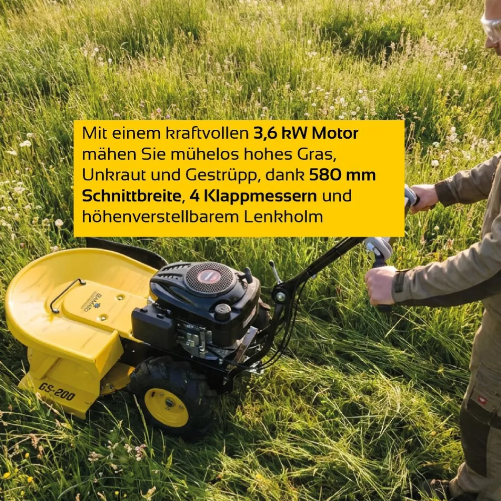 Hochgrasschneider Kreiselmäher GS-200 | mit LONCIN Motor | 4 Klingen | 580 mm Schnittbreite | Reversierstarter | Für große Rasenflächen | Rasenmäher Radantrieb Benzin Perfekt für hohes Gras ^ BAMATO Clearance