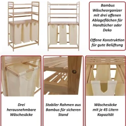 MCW Bambus Wäschesammler -P78, Wäschesortierer Wäschekorb Regal Wäscheorganizer, 3 Ablagen MVG 125x80x40cm 135L ~ grau Discount