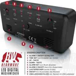 BEARWARE digitaler Wecker mit Netzteil und extra großen 2200 mAh Akku - Musikwecker Reisewecker - 13 Songs und Klingeltöne - Temperaturanzeige Online