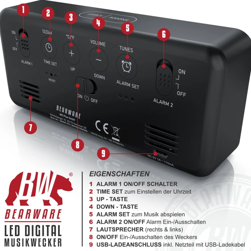 BEARWARE digitaler Wecker mit Netzteil und extra großen 2200 mAh Akku - Musikwecker Reisewecker - 13 Songs und Klingeltöne - Temperaturanzeige Online