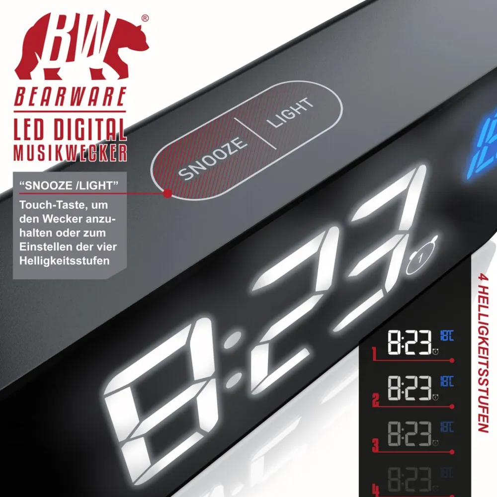 BEARWARE digitaler Wecker mit Netzteil und extra großen 2200 mAh Akku - Musikwecker Reisewecker - 13 Songs und Klingeltöne - Temperaturanzeige Online