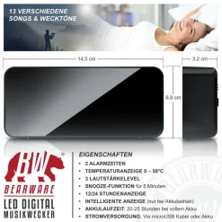 BEARWARE digitaler Wecker mit Netzteil und extra großen 2200 mAh Akku - Musikwecker Reisewecker - 13 Songs und Klingeltöne - Temperaturanzeige Online