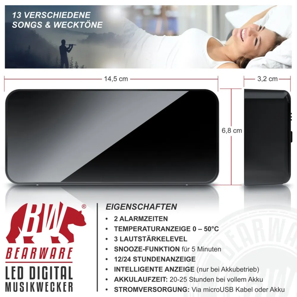 BEARWARE digitaler Wecker mit Netzteil und extra großen 2200 mAh Akku - Musikwecker Reisewecker - 13 Songs und Klingeltöne - Temperaturanzeige Online