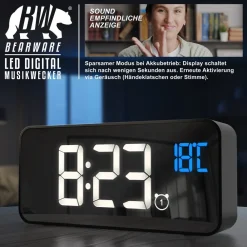 BEARWARE digitaler Wecker mit Netzteil und extra großen 2200 mAh Akku - Musikwecker Reisewecker - 13 Songs und Klingeltöne - Temperaturanzeige Online