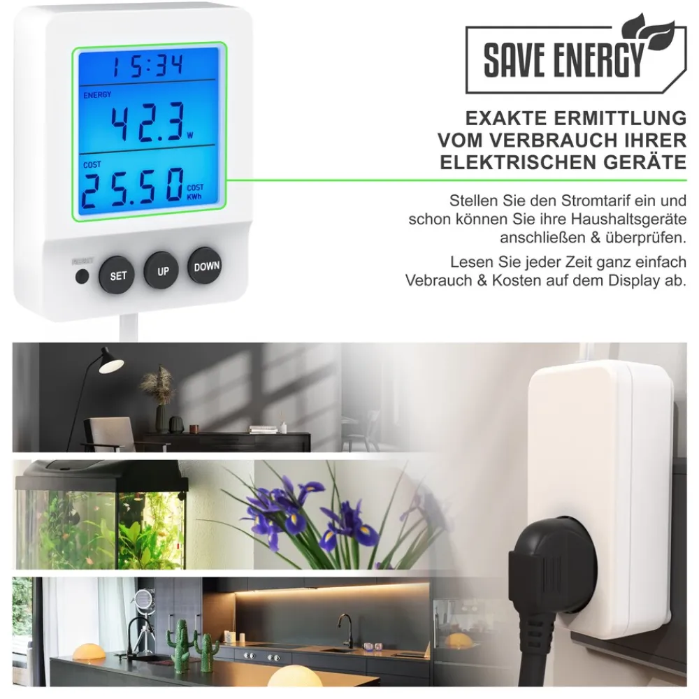 Energiekostenmessgerat digital, Strommessgerat, kabelgebundenes seperates Display, 3680 Watt, Stromverbrauchszahler, Stromzahler fiir die Steckdose, LED beleuchtet ^ BEARWARE