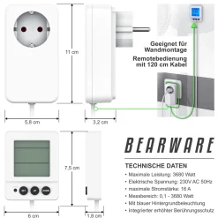 Energiekostenmessgerat digital, Strommessgerat, kabelgebundenes seperates Display, 3680 Watt, Stromverbrauchszahler, Stromzahler fiir die Steckdose, LED beleuchtet ^ BEARWARE