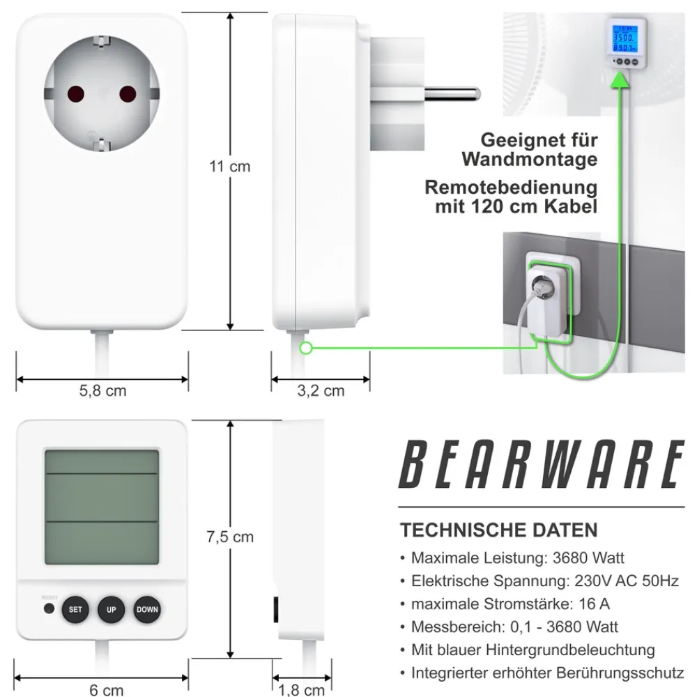 Energiekostenmessgerat digital, Strommessgerat, kabelgebundenes seperates Display, 3680 Watt, Stromverbrauchszahler, Stromzahler fiir die Steckdose, LED beleuchtet ^ BEARWARE