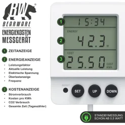 Energiekostenmessgerat digital, Strommessgerat, kabelgebundenes seperates Display, 3680 Watt, Stromverbrauchszahler, Stromzahler fiir die Steckdose, LED beleuchtet ^ BEARWARE