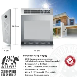LED Solar Hausnummernleuchte, Wandlicht mit Nummernset, Warmweiß, PIR, Solarpanel, Ein-/Ausschalter ^ BEARWARE