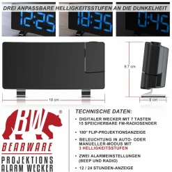 Brandson Bearware Projektionswecker Dimmer, 15 FM Radiospeicher, große blaue Ziffern, Snooze 5-60 min. Projektions Radio Wecker digital, 7 Tasten, 2 Weckalarme, USB Kabel Hot