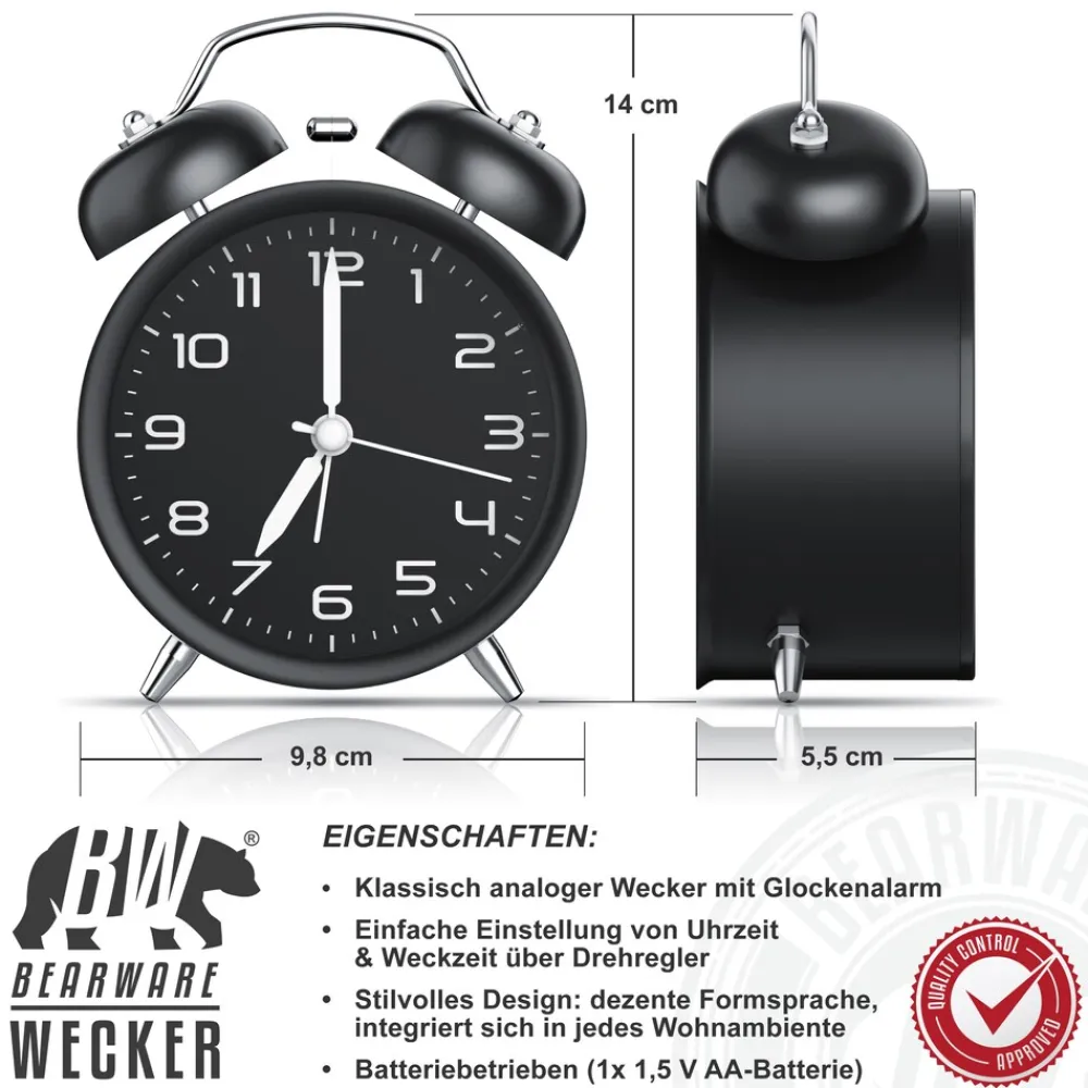 Wecker analog, laut, ohne Ticken, Retro-Design ^ BEARWARE Outlet