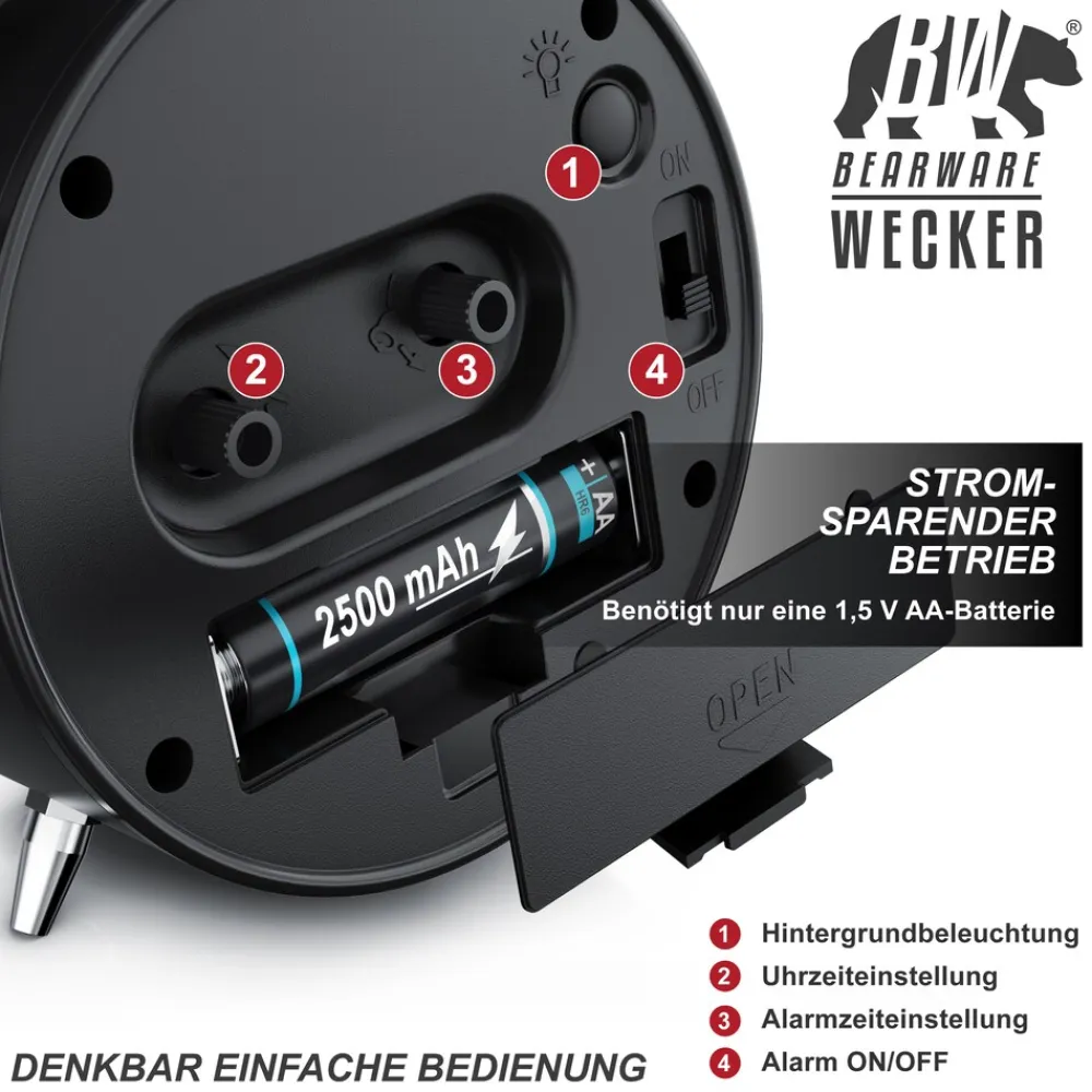 Wecker analog, laut, ohne Ticken, Retro-Design ^ BEARWARE Outlet