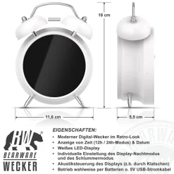 BEARWARE Wecker Digital, rund, Lichtring, Retro, lauter Glockenalarm für Tiefschläfer Einfache Bedienung, Zeit und Datum, Beleuchtet, ohne Ticken, Vintage Sale