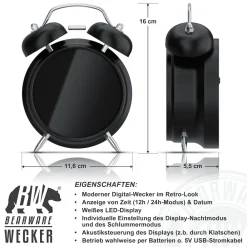 Wecker Digital, rund, Lichtring, Retro, lauter Glockenalarm für Tiefschläfer Einfache Bedienung, Zeit und Datum, Beleuchtet, ohne Ticken, Vintage ^ BEARWARE Clearance