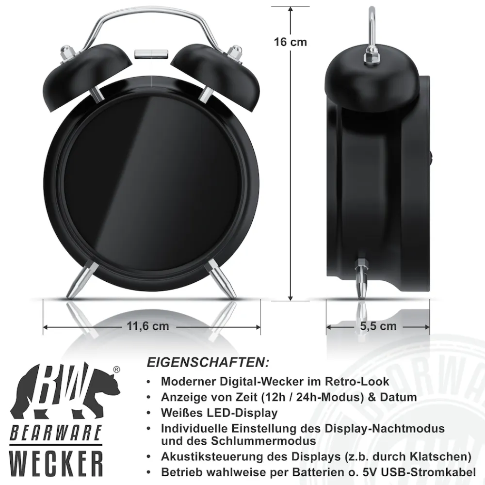 Wecker Digital, rund, Lichtring, Retro, lauter Glockenalarm für Tiefschläfer Einfache Bedienung, Zeit und Datum, Beleuchtet, ohne Ticken, Vintage ^ BEARWARE Clearance