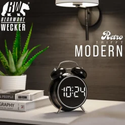 Wecker Digital, rund, Lichtring, Retro, lauter Glockenalarm für Tiefschläfer Einfache Bedienung, Zeit und Datum, Beleuchtet, ohne Ticken, Vintage ^ BEARWARE Clearance