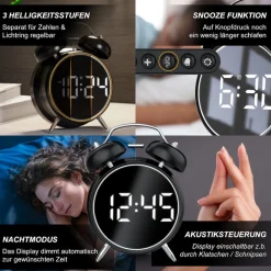 Wecker Digital, rund, Lichtring, Retro, lauter Glockenalarm für Tiefschläfer Einfache Bedienung, Zeit und Datum, Beleuchtet, ohne Ticken, Vintage ^ BEARWARE Clearance