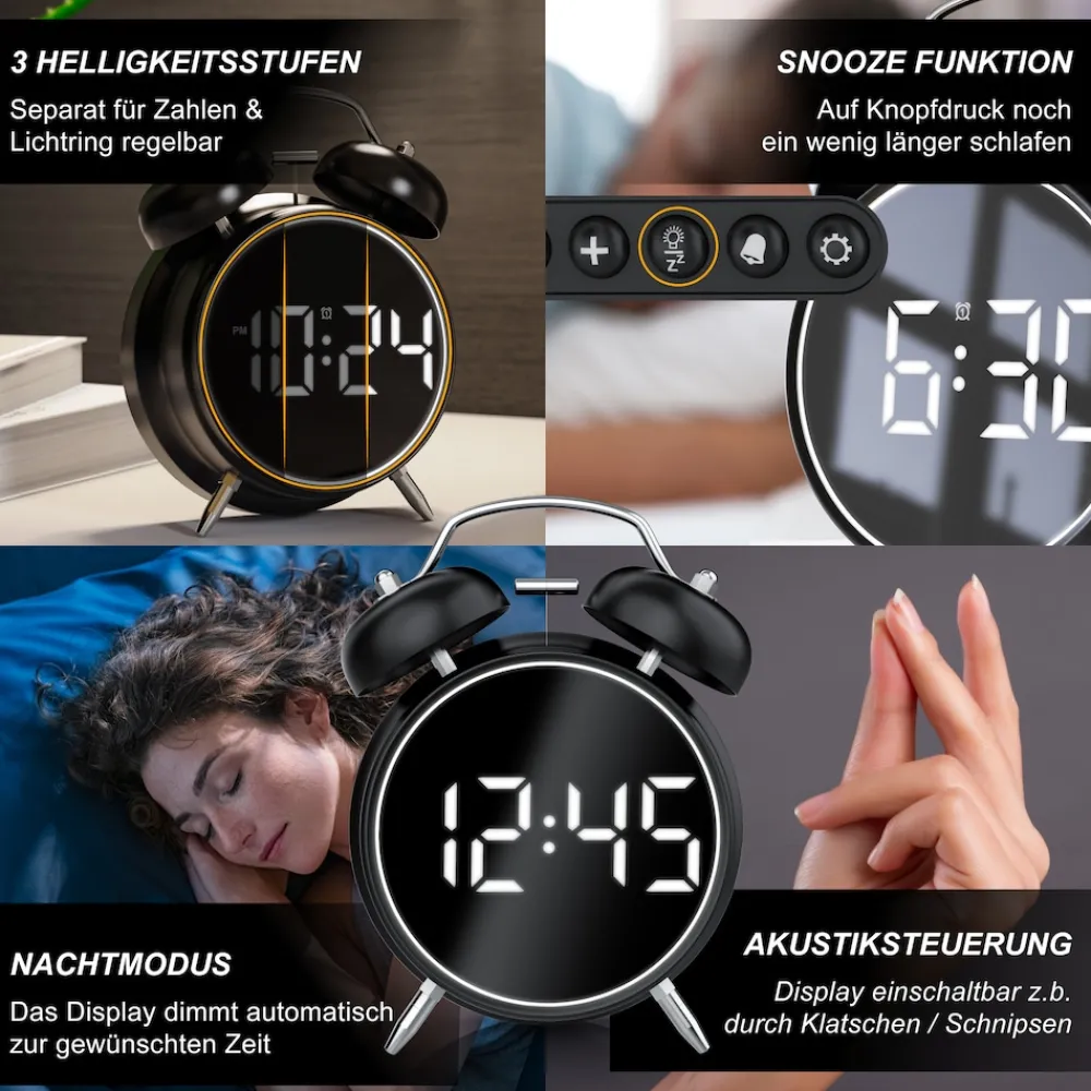 Wecker Digital, rund, Lichtring, Retro, lauter Glockenalarm für Tiefschläfer Einfache Bedienung, Zeit und Datum, Beleuchtet, ohne Ticken, Vintage ^ BEARWARE Clearance