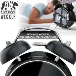 Wecker Digital, rund, Lichtring, Retro, lauter Glockenalarm für Tiefschläfer Einfache Bedienung, Zeit und Datum, Beleuchtet, ohne Ticken, Vintage ^ BEARWARE Clearance