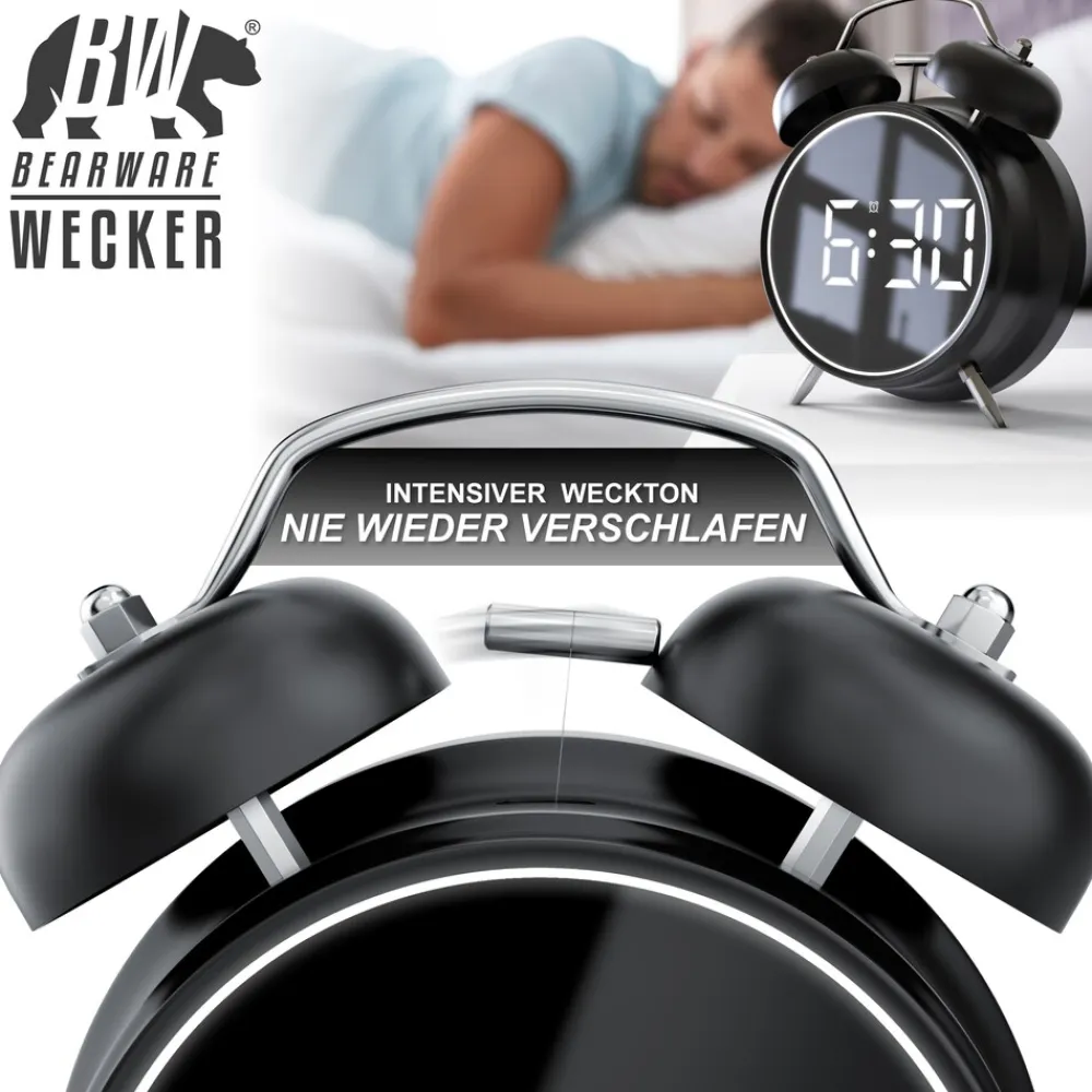 Wecker Digital, rund, Lichtring, Retro, lauter Glockenalarm für Tiefschläfer Einfache Bedienung, Zeit und Datum, Beleuchtet, ohne Ticken, Vintage ^ BEARWARE Clearance