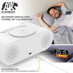Wecker mit Netzteil & Akku, 3 Alarmzeiten, mit Beleuchtung & QI Ladefunktion Schlummerfunktion, Kabelloses Laden Wireless Charger, Akustiksteuerung ^ BEARWARE Hot