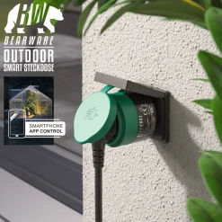 BEARWARE Wlan Steckdose Outdoor - Sprachsteuerung via Alexa oder Google Home - 2,4 Ghz WiFi - 3600 W - Smart Plug WiFi Steuerung per App Smart Life Best
