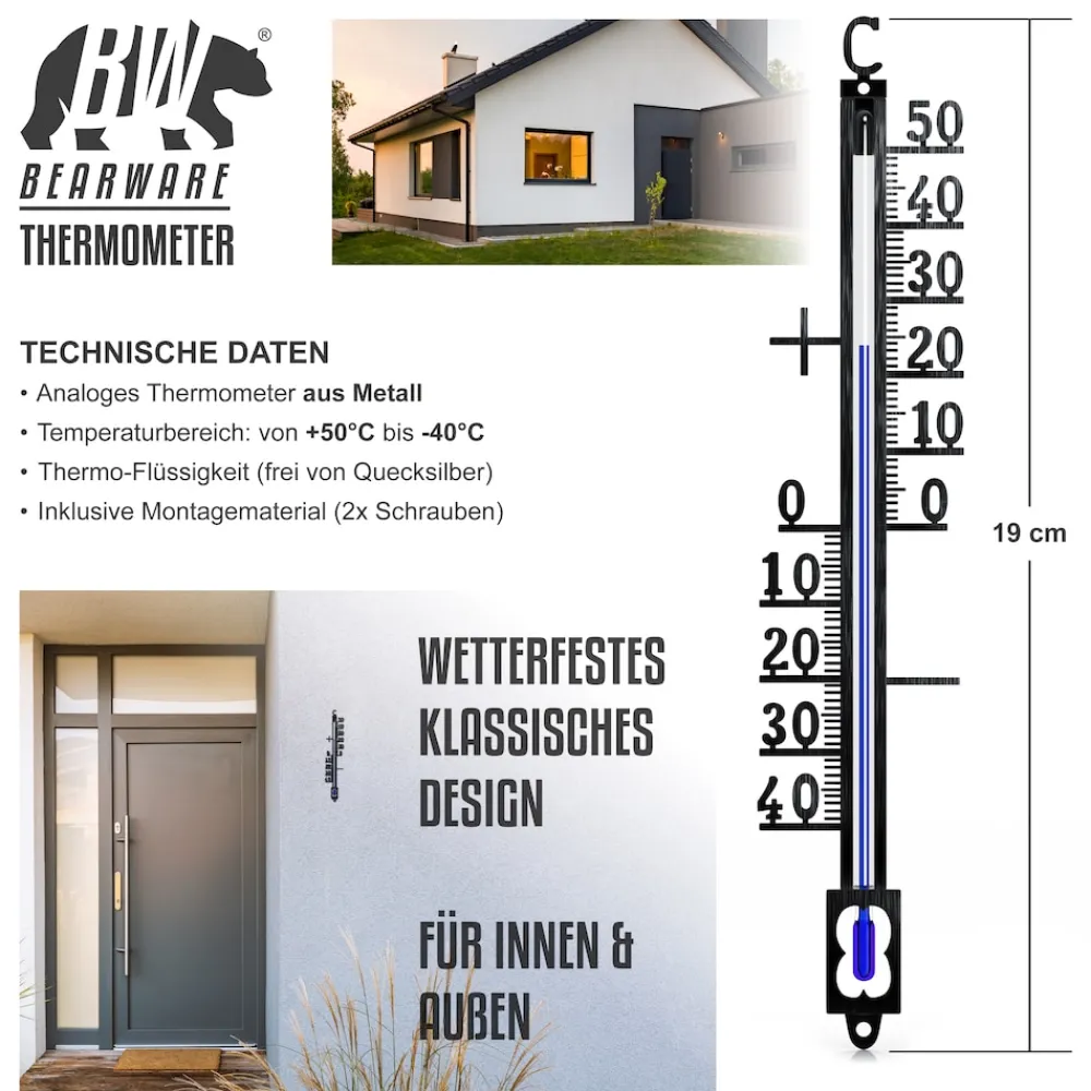 2x Analoges Thermometer aus Metall, wetterfest Außenwetterstation (Messbereich -40° bis +50° C – klassisches Design) ^ BEARWARE Clearance