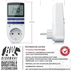 4x Zeitschaltuhr, digital, 2,1" LCD-Display, max. 3680W, 10 Programme, Zufallsschaltung ^ BEARWARE Hot