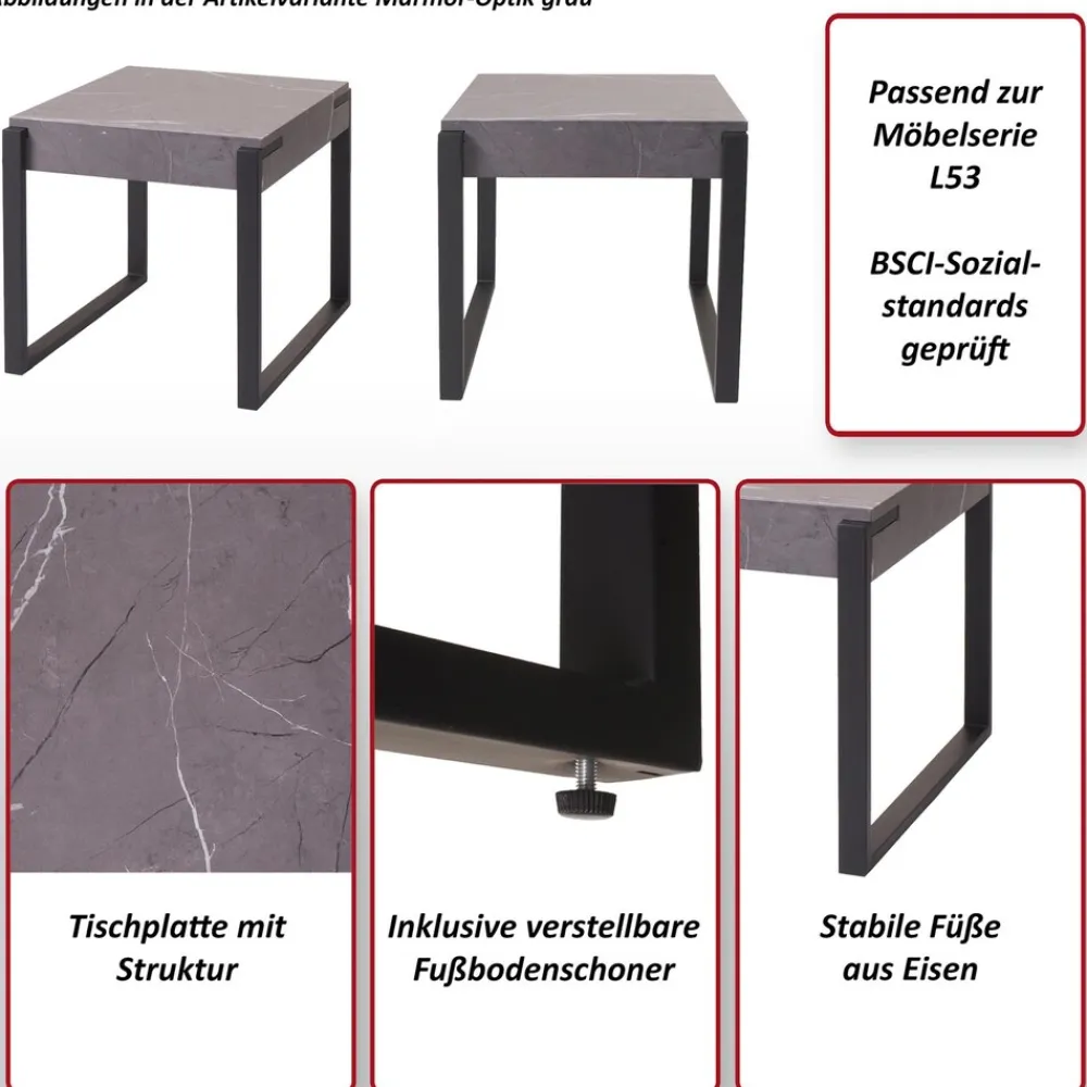 MCW Beistelltisch -L53, Kaffeetisch Nachttisch Loungetisch Couchtisch, Metall 51x50x54cm ~ Marmor-Optik grau Discount