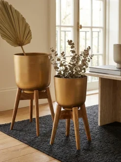KADIMA DESIGN Blumentopf 2er Set Metall und Massivholz Rund mit Füßen in Gold New