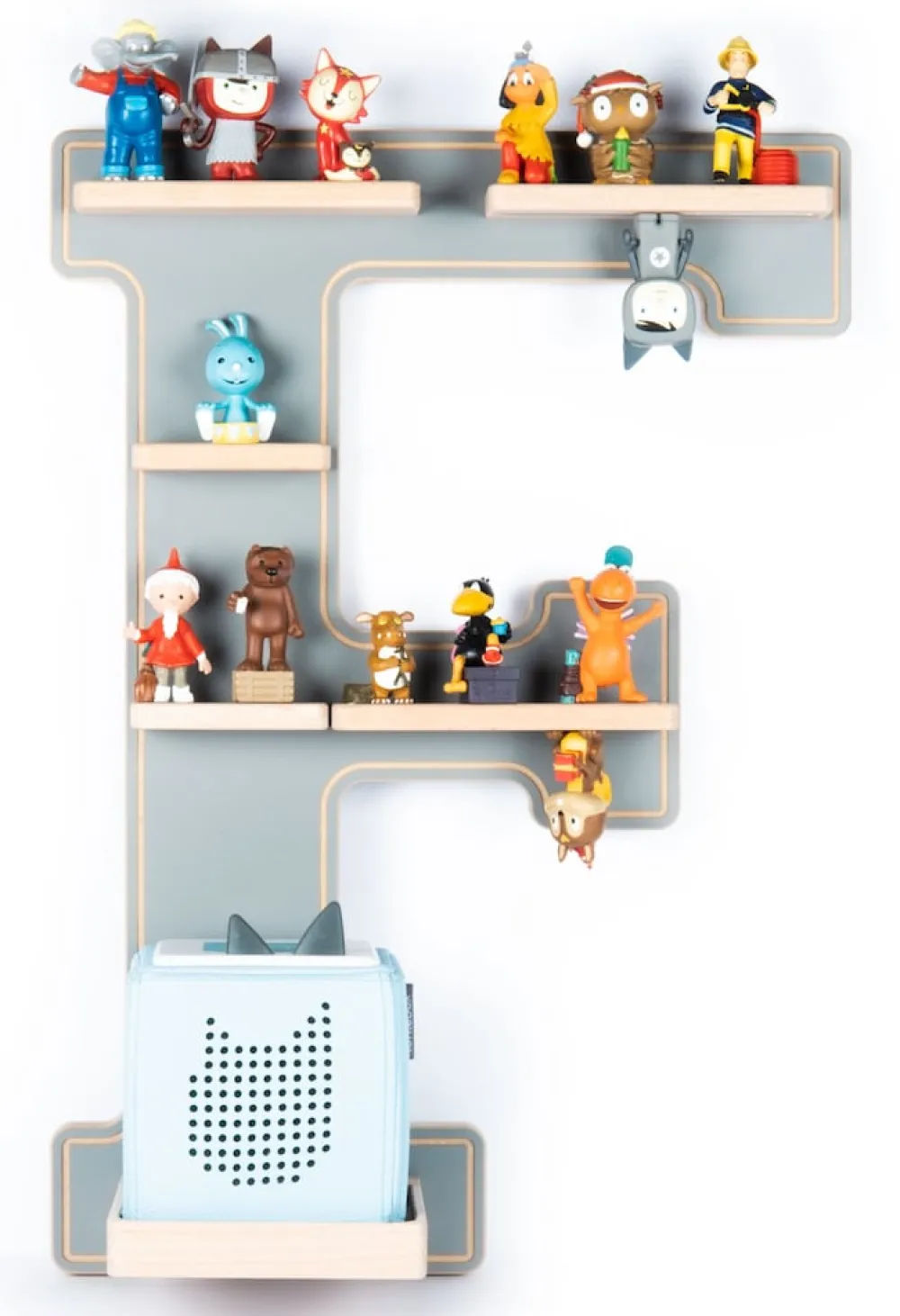 Kinderregal Buchstabe F | hängend für Toniebox und Tonie Figuren | platzsparendes Regal | H. 54 x B. 38 x T. 19 | Wandregal Musikbox Figuren Aufbewahrung mit Magneteinsätzen | Aufbewahrungsregal Holz ^ BOARTI Sale