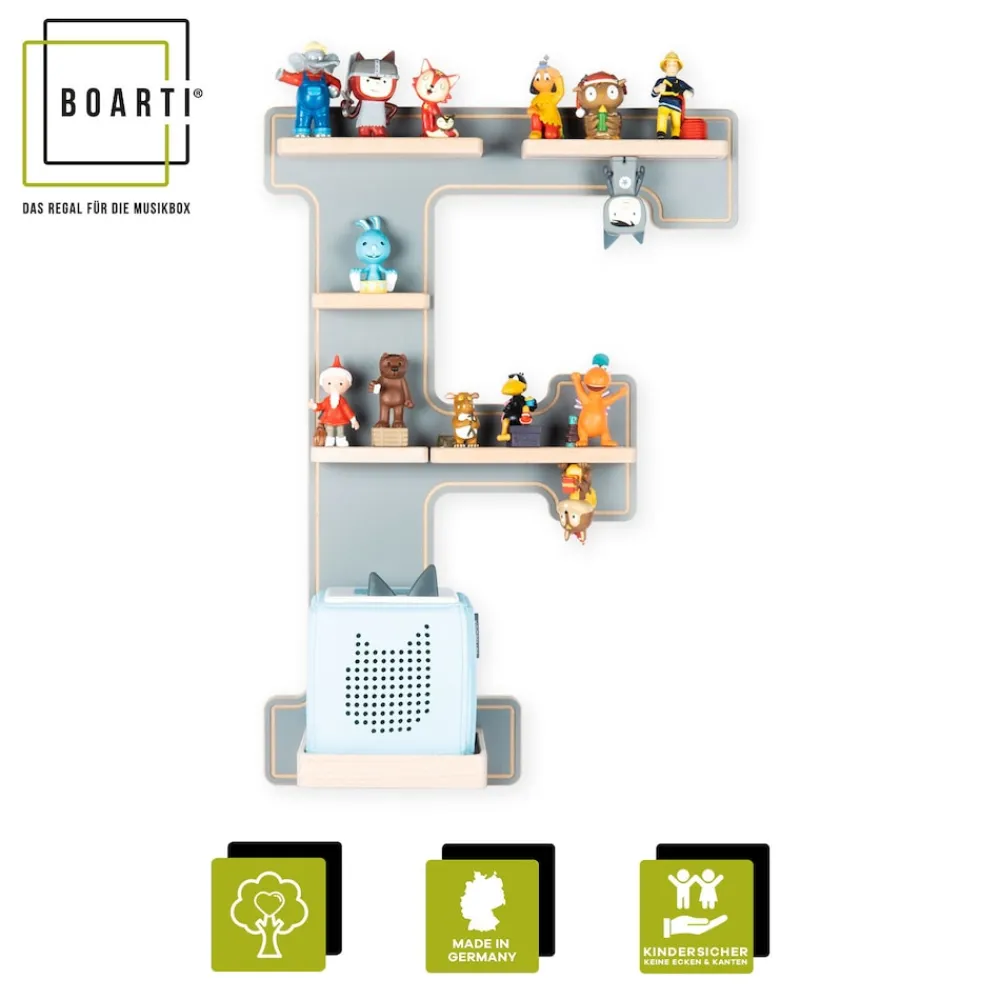 Kinderregal Buchstabe F | hängend für Toniebox und Tonie Figuren | platzsparendes Regal | H. 54 x B. 38 x T. 19 | Wandregal Musikbox Figuren Aufbewahrung mit Magneteinsätzen | Aufbewahrungsregal Holz ^ BOARTI Sale
