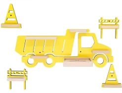 BOARTI Kinderregal LKW Bagger | hängend für Toniebox und Tonie Figuren | platzsparendes Regal | H. 43 x B. 47 x T. 19 cm | Wandregal Musikbox Figuren Aufbewahrung Magneteinsätzen | Aufbewahrungsregal Holz Gelb New