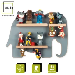 BOARTI Kinderregal Tier Elefant | hängend für Tonie Figuren | platzsparendes Regal | Maße: H. 24 x B. 33 x T. 5 cm | Wandregal für Figuren Aufbewahrung mit Magneteinsätzen | Aufbewahrungsregal Holz Grau